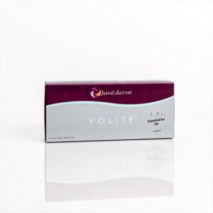 A box of "Juvéderm Volite" skincare product is shown against a white background. The packaging is primarily a gradient of purple and silver with a sleek, modern design. The text on the box reads "Juvéderm Volite" in bold white letters, with smaller text below stating "2 x 1ml Injectable Gel" and "1-PG Supplied for UK Syringes." The Juvéderm logo is displayed at the top left corner in a circular purple and white design.