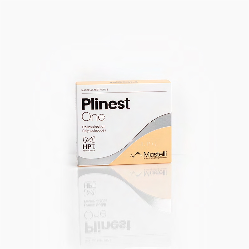 Box of Plinest One, a skincare or medical product, with a white and light orange design featuring gray curved accents and branding from Mastelli.