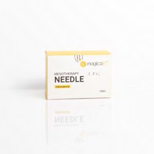 White and yellow box of Magicalift Mesotherapy International needles containing 100EA sterile pieces for professional clinical use.