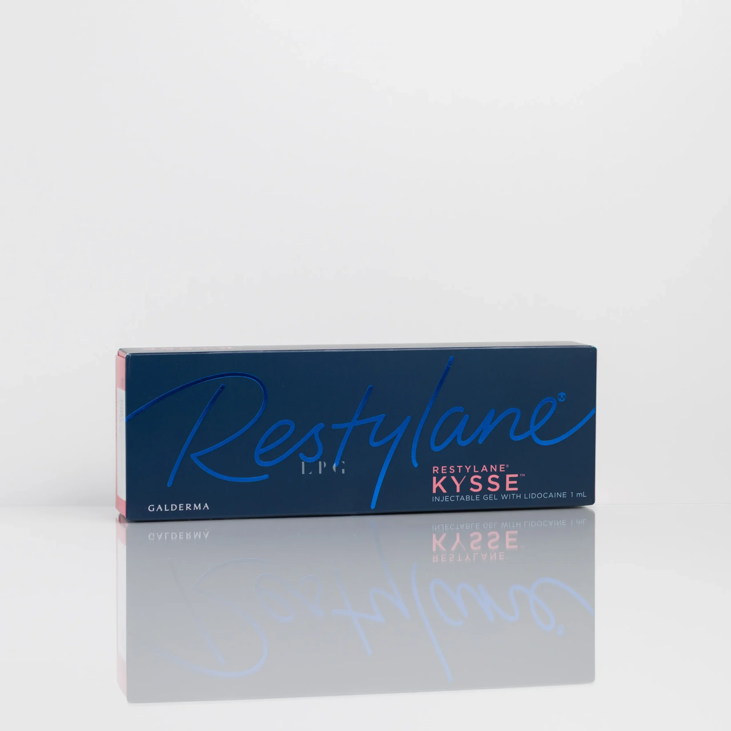 Restylane Kysse box with blue background, labeled as an injectable gel with lidocaine, 1 mL.
