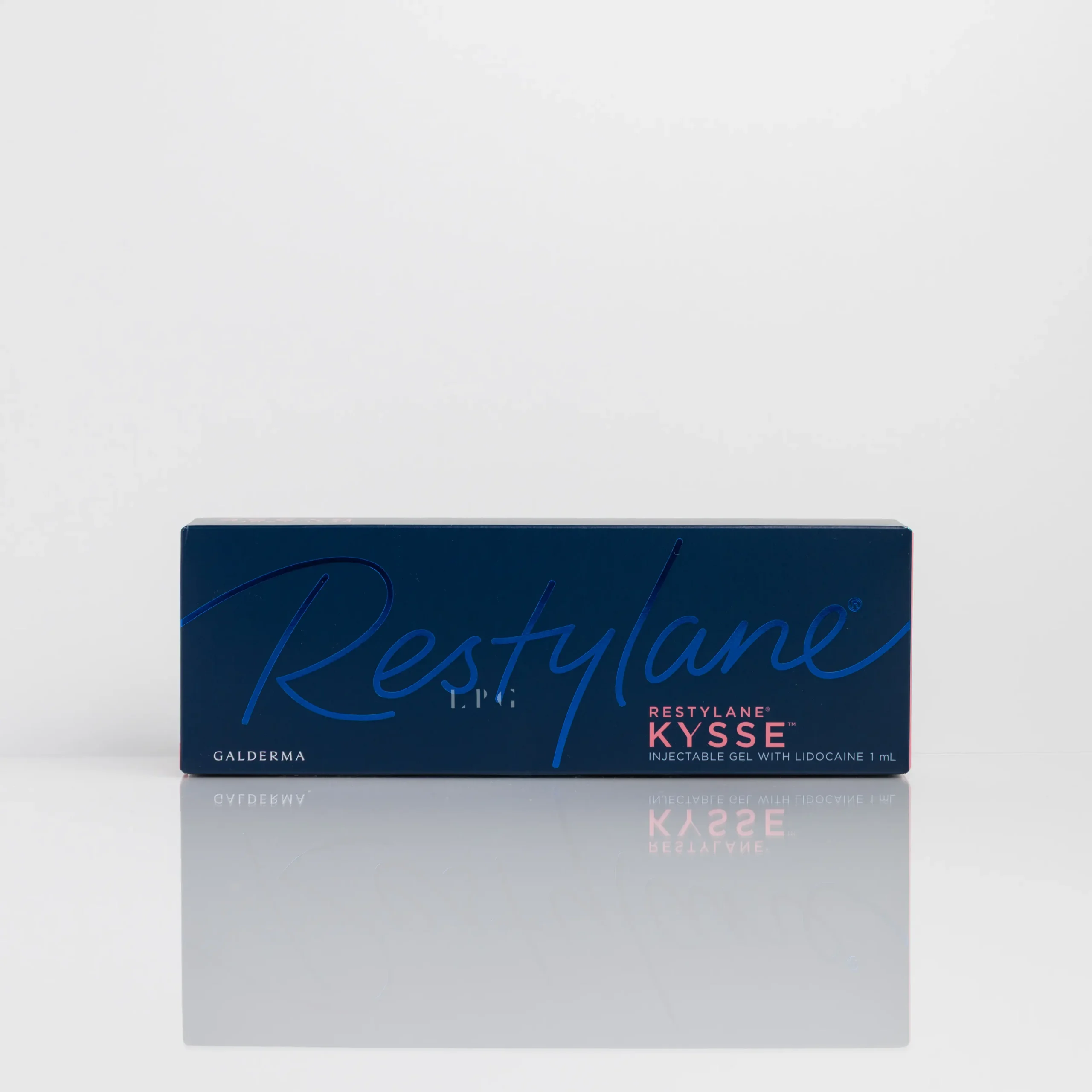 Restylane Kysse box with blue background, labeled as an injectable gel with lidocaine, 1 mL.