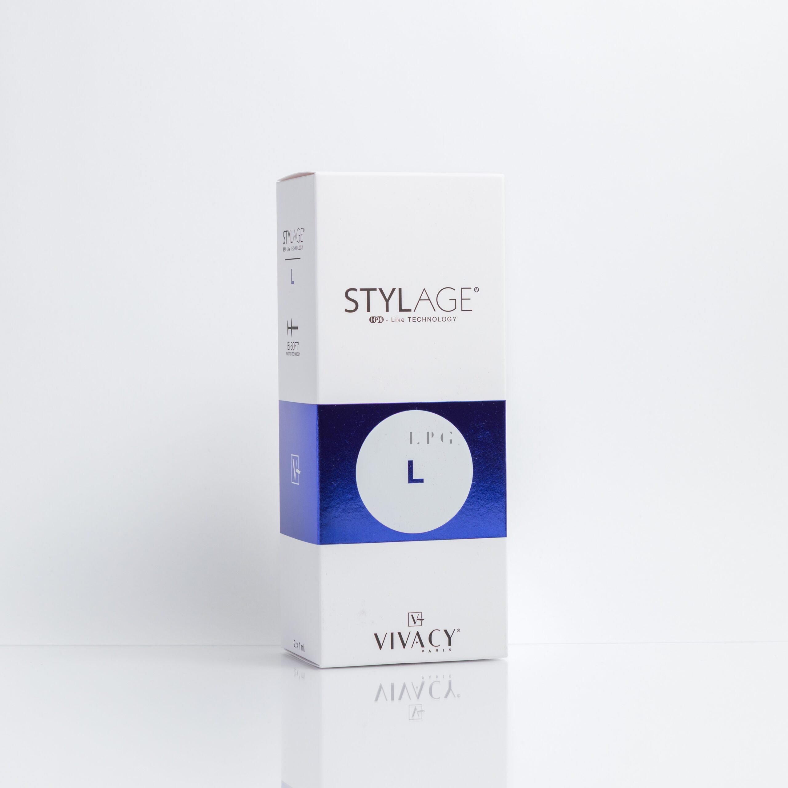 Packaging of Stylage L Bi-Soft (2 x 1ml syringes) – highly cohesive cross-linked hyaluronic acid dermal filler designed for smoothing deep to severe wrinkles, treating prominent nasolabial folds, and restoring facial contours with ergonomic precision in professional aesthetic clinics.