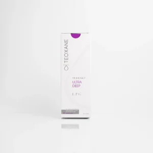 Teoxane Teosyal Ultra Deep packaging, featuring white box with purple accents and product information.