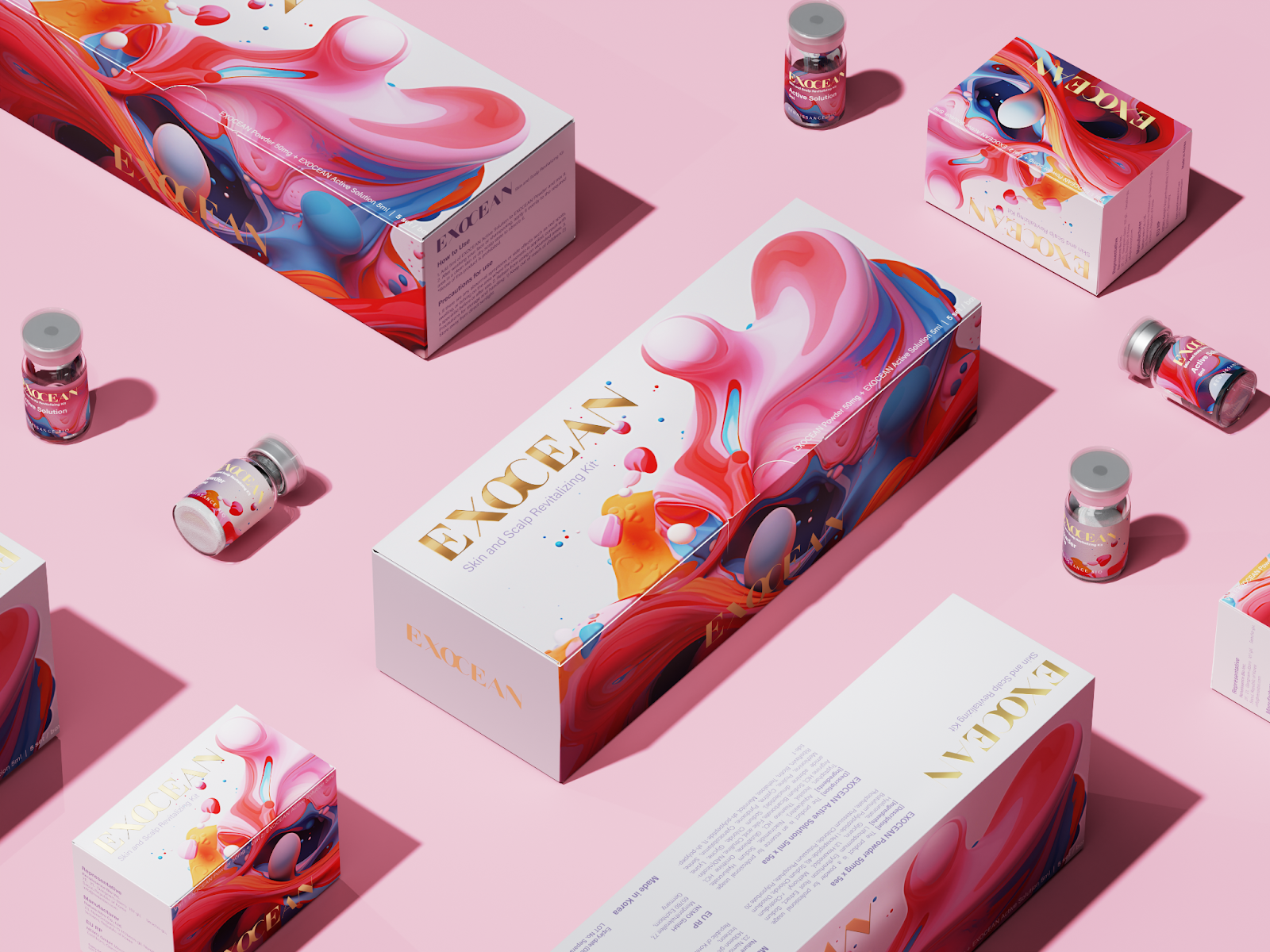 Advertising image for the product exocean which shows various sizes of the boxes with a colourful paint like splash, with bottles of the product dotted around on a pink background