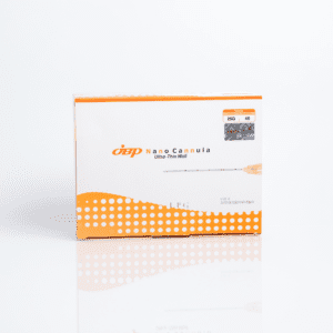 A box of medication with an orange and white design, featuring a brand name and some text, placed against a plain background with a blue section on the right side