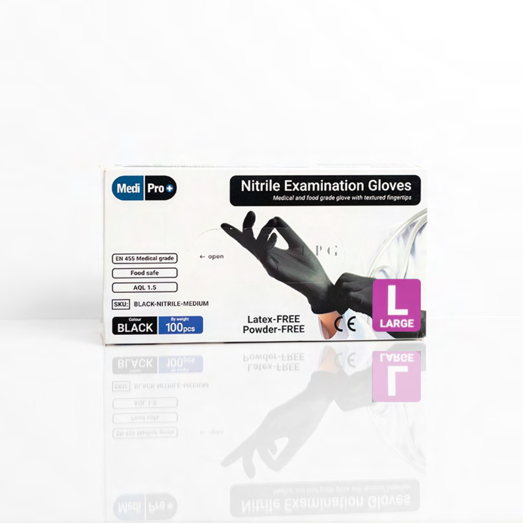 MediPro Black Nitrile Gloves Large - Box of 100 Premium quality nonsterile Black Nitrile examination gloves that offer greater tensile strength