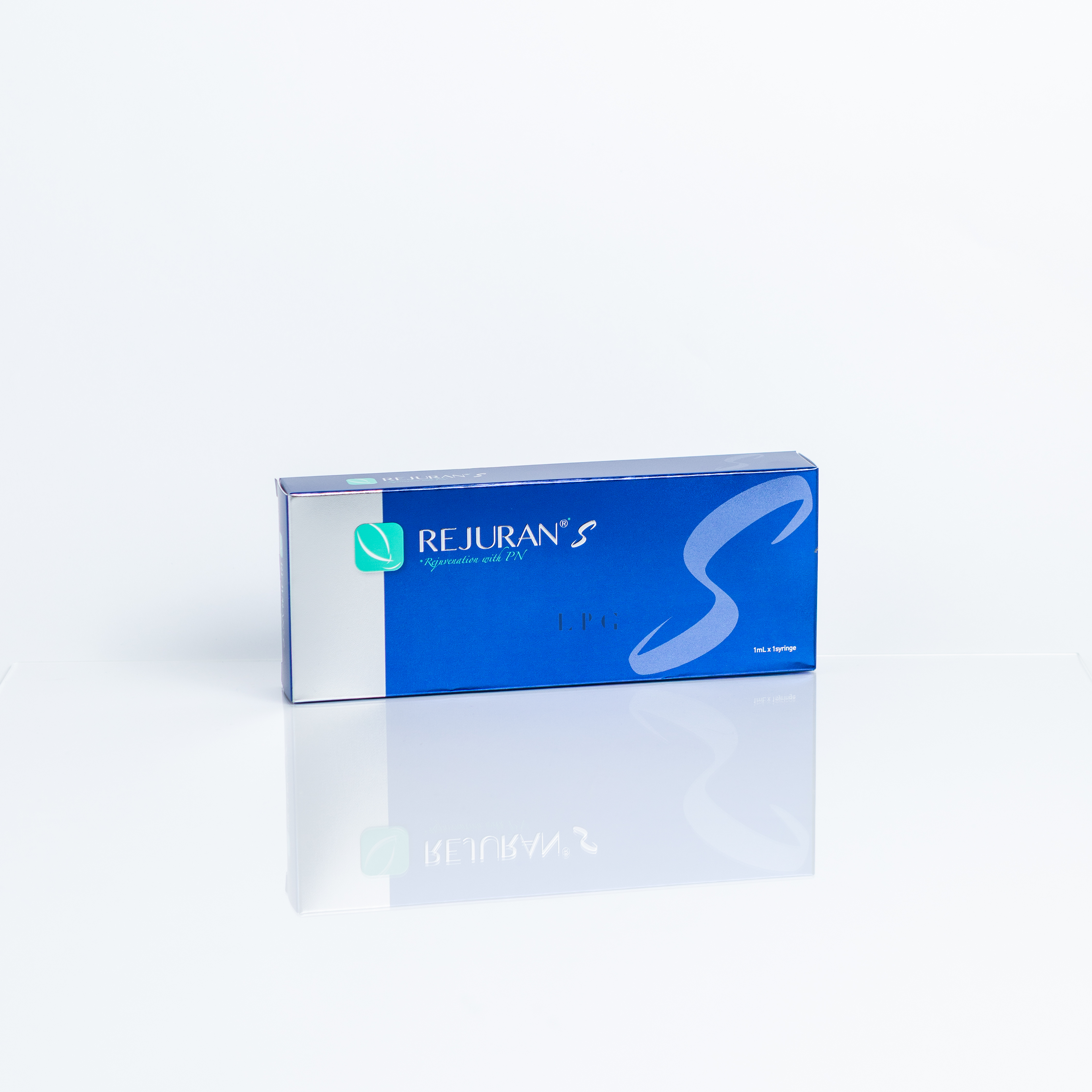 A box of REJURAN S, a skin rejuvenation product with PDRN, featuring a sleek blue and silver design with a large 'S' on the right side.