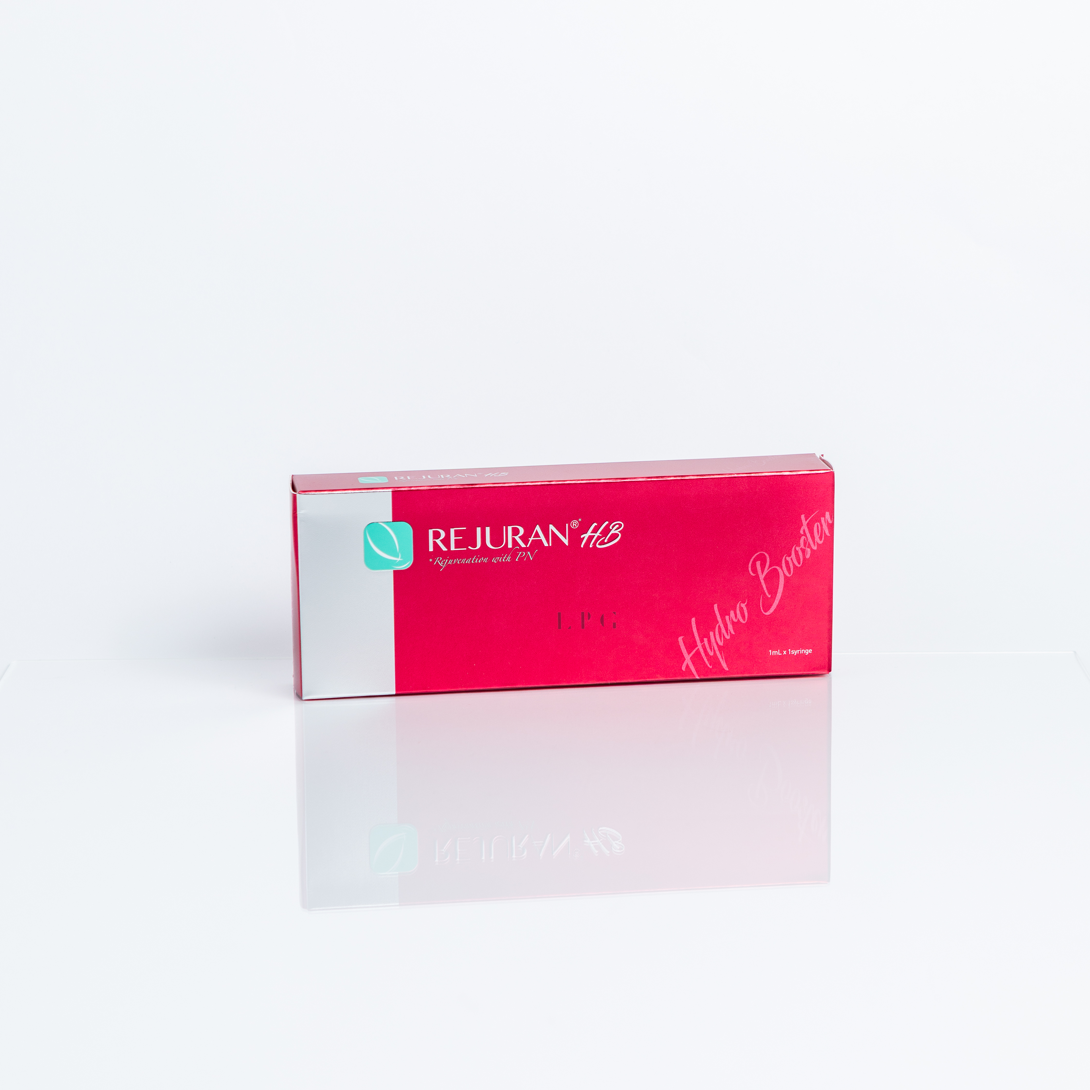 A box of REJURAN HB, a skin rejuvenation product with PDRN, designed in red and silver packaging with the words 'Hydro Booster' in script on the right side.