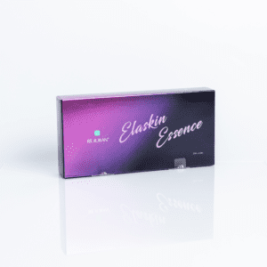 Product packaging of REJURAN Elaskin Essence, a 2ml x 2ea cosmetic treatment, shown in a sleek rectangular box with a gradient design blending purple to black and elegant script-style lettering.