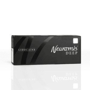 A black box of Neuramis Deep with Lidocaine, a dermal filler product, featuring sleek curved graphics and white text on the front.