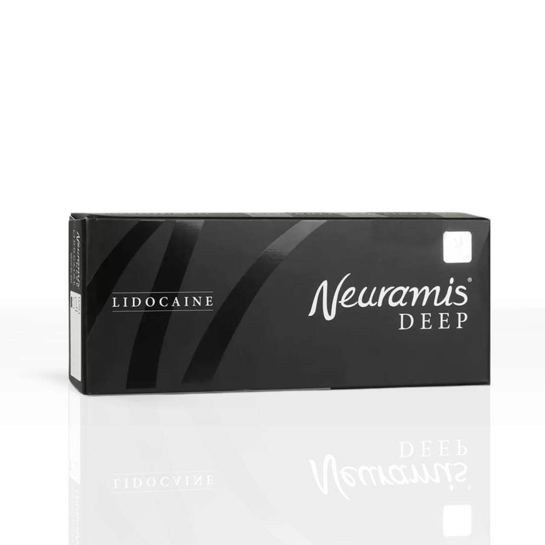 A black box of Neuramis Deep with Lidocaine, a dermal filler product, featuring sleek curved graphics and white text on the front.