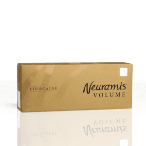 Packaging of Neuramis Volume with Lidocaine, a hyaluronic acid-based dermal filler. The box is gold in color with the Neuramis Volume logo and the word 'Lidocaine' prominently displayed.