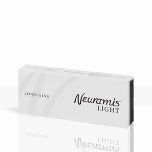 Packaging of Neuramis Light with Lidocaine, a hyaluronic acid-based dermal filler. The box is white in color with the Neuramis Light logo and the word 'Lidocaine' displayed on the side.