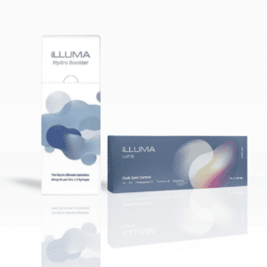 Two cosmetic product boxes from the iLLUMA brand. On the left, a tall white box labeled 'iLLUMA Hydro Booster' with abstract blue and gray shapes, promoting hydration with 48mg HA per 2ml. On the right, a dark rectangular box labeled 'iLLUMA Luna' for dark spot control, featuring a soft gradient abstract design.