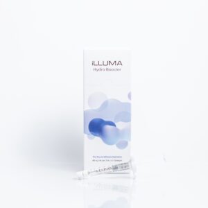 Product packaging of iLLUMA Hydro Booster featuring a white box with abstract blue shapes and text indicating it contains 48mg HA per 2ml, with a single clear syringe placed in front of the box.