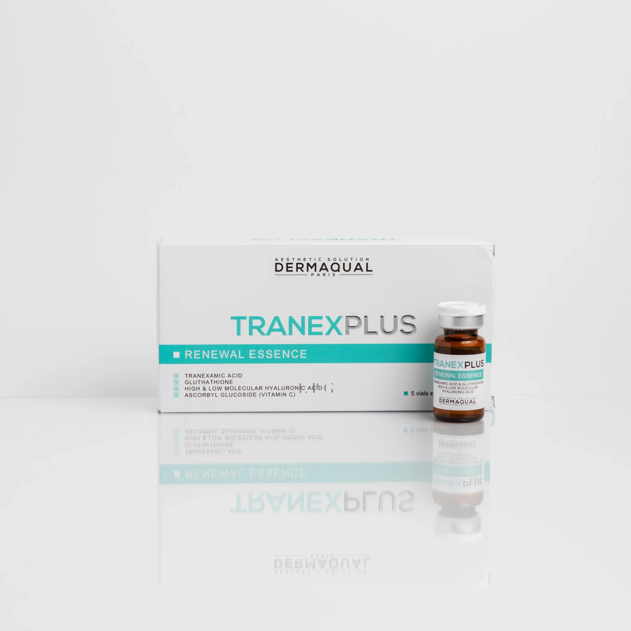 Tranex Plus Renewal Essence vial next to its packaging, displaying product details and ingredient list.
