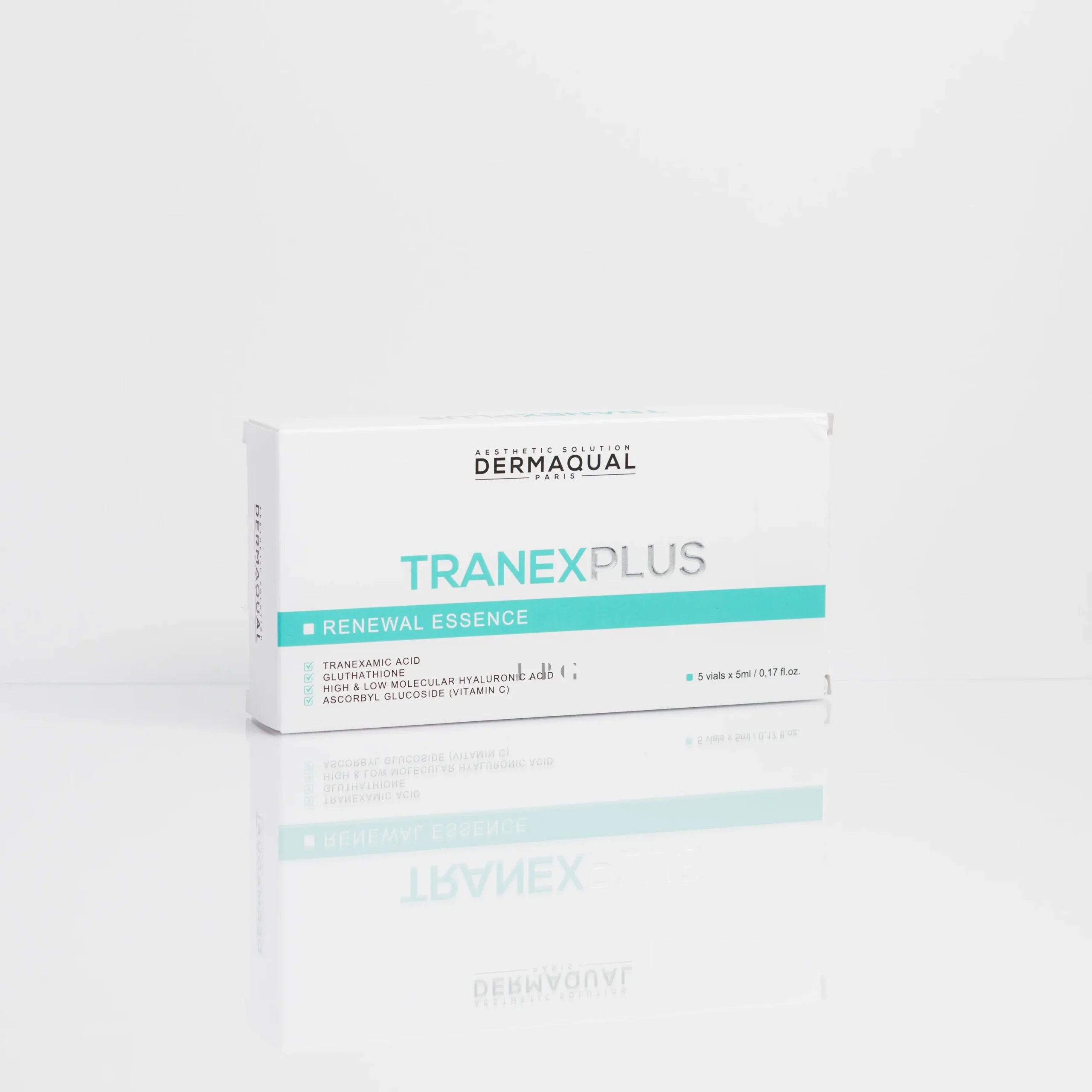 Dermaqual Tranex Plus Renewal Essence box displaying product details and ingredients, including tranexamic acid and vitamin C.