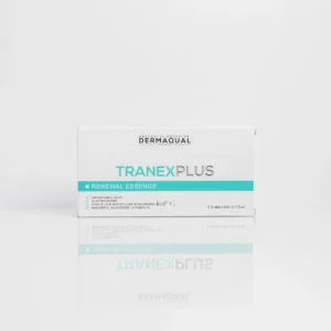 Dermaqual Tranex Plus Renewal Essence box displaying product details and ingredients, including tranexamic acid and vitamin C.