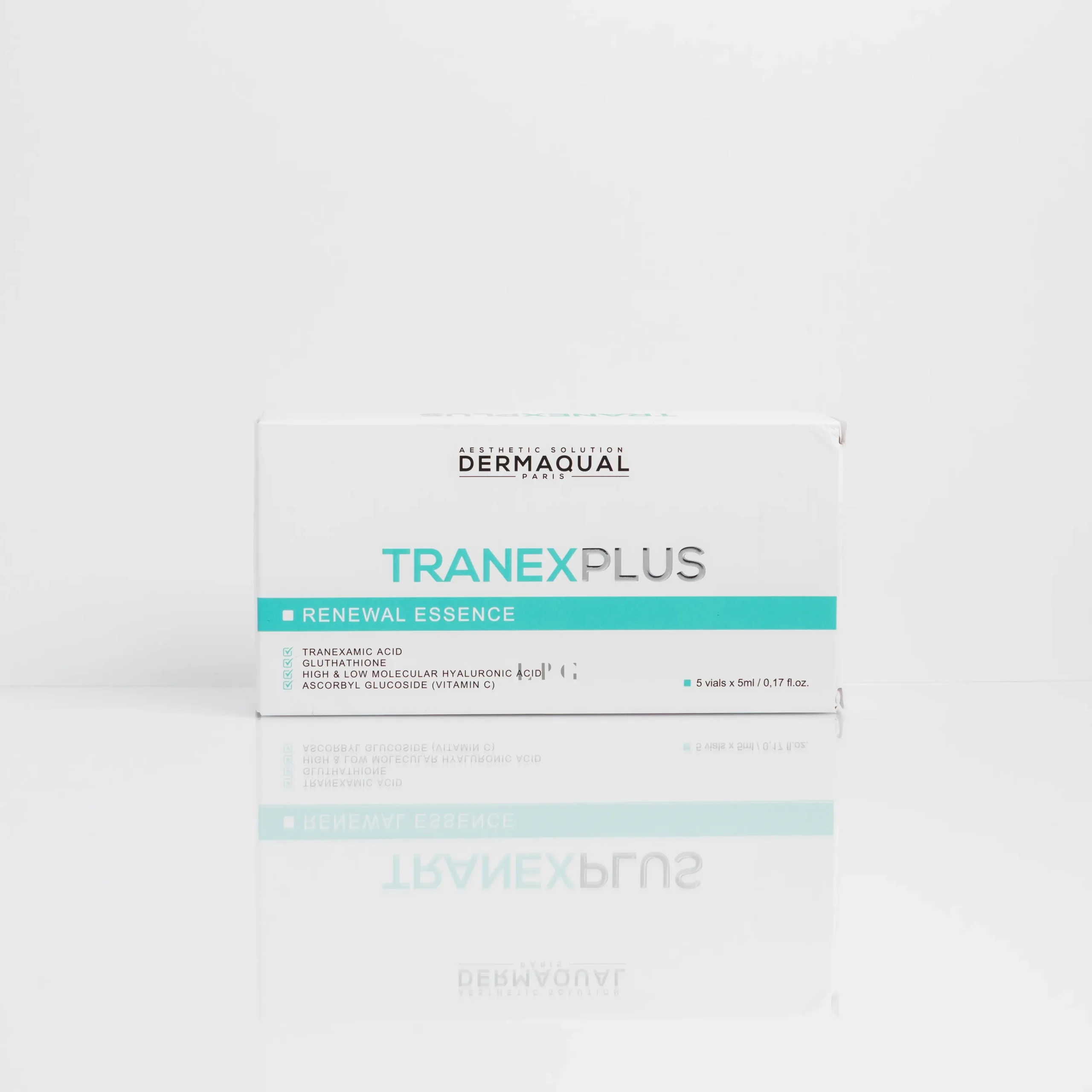Dermaqual Tranex Plus Renewal Essence box displaying product details and ingredients, including tranexamic acid and vitamin C.