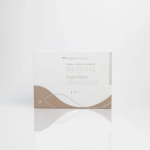 Injectable product packaging labeled "Aesthetic Dermal RRS®HA" with description details and a beige design.