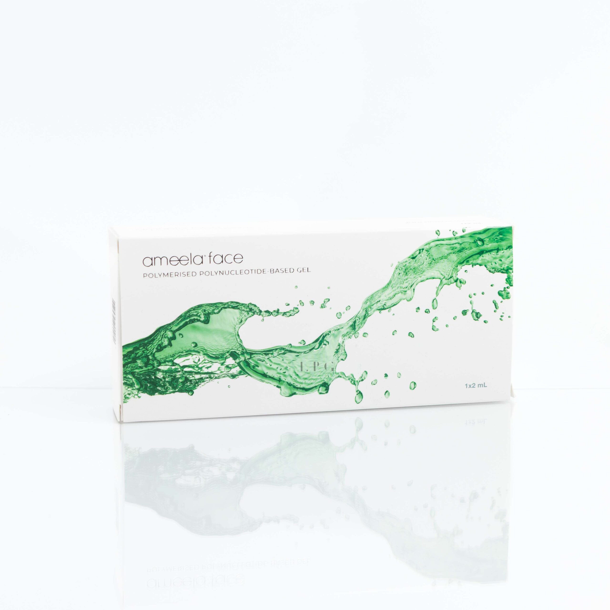 A white product box for 'ameelaface Polymerised Polynucleotide-based Gel' with a green water splash design flowing across the packaging, featuring a barcode on the left side and a small logo on the top right.