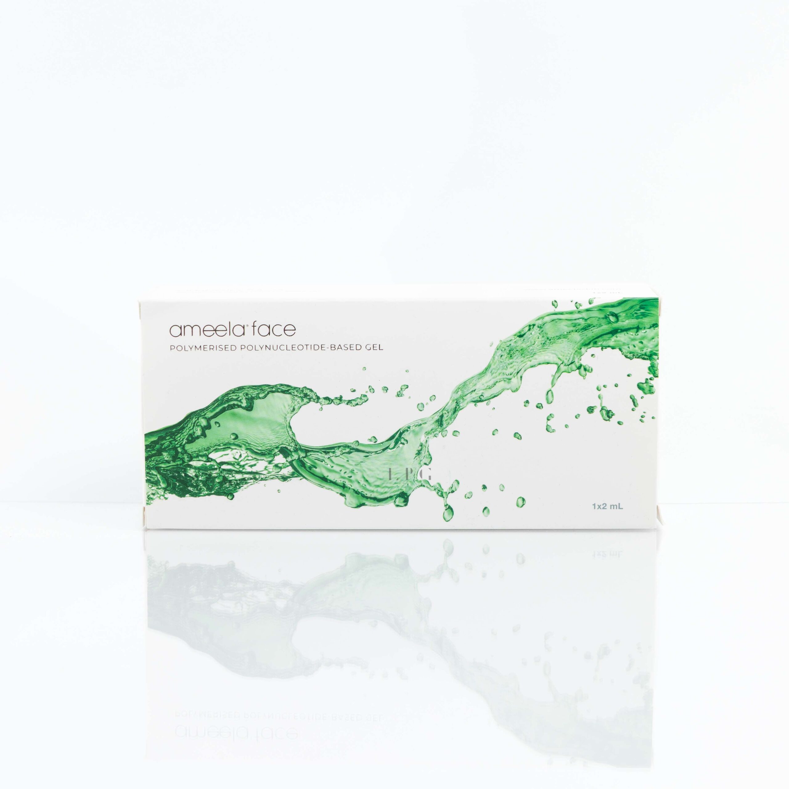 A white product box for 'ameelaface Polymerised Polynucleotide-based Gel' with a green water splash design flowing across the packaging, featuring a barcode on the left side and a small logo on the top right.