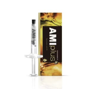 A product image of AMI Plus PN 2%, a skin booster with a syringe and a box featuring a golden-brown design, displaying the text "AMI Plus" and "PN 2%" along with a syringe containing 2ml of the formula.
