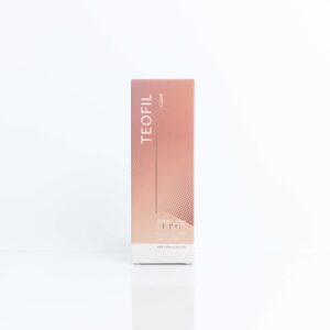 A product image of Teofil Classic, a monophasic HA filler with a highly consistent gel structure and enhanced viscoelasticity, featuring a pink and white box with the text "TEOFIL Classic" and "Contains Lidocaine" and "20mg Hyaluronic Acid / ml" printed on it.