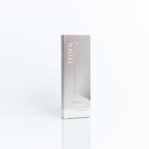 A product image of Teofil Deep, a monophasic HA filler with a highly consistent gel structure and enhanced viscoelasticity, featuring a gray and white box with the text "TEOFIL Deep" and "Contains Lidocaine" and "20mg Hyaluronic Acid / ml" printed on it.