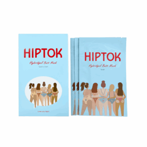 Hiptok Hybrid Butt Mask packaging, featuring a blue pouch with red "Hiptok" logo, illustrations of women in swimsuits, and text "Type 2 Skin," designed for butt hydration, sold in a pack of five.