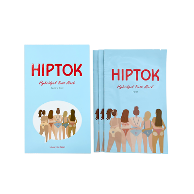 Hiptok Hybrid Butt Mask packaging, featuring a blue pouch with red "Hiptok" logo, illustrations of women in swimsuits, and text "Type 2 Skin," designed for butt hydration, sold in a pack of five.