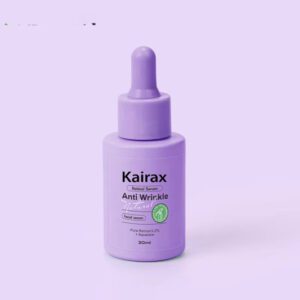 A 30ml bottle of Kairax Anti Wrinkle Retinol Serum with a purple dropper cap, featuring a label that reads "Pure Retinol 0.2% + Squalene" on a light purple background.