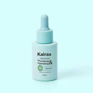 A 30ml bottle of Kairax Plumping & Hydrating Serum with a light blue dropper cap, featuring a label that reads "Hyaluronic Acid 2% + E5" on a light blue background.
