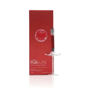 Puri Lips Hydro Lip Booster by AETEDERM, red box with syringe, featuring 22mg HA and Vitamin B12 for hydration and plumping