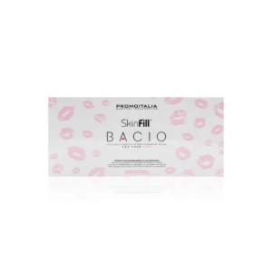 Skinfill Bacio lip booster product packaging by Promoitaila, featuring a sleek white box with pink lip prints, the brand logo, and text highlighting a professional hydrating gel booster with Vitamin B12 and Hyaluronic Acid, available at LPG Clinics Wholesale