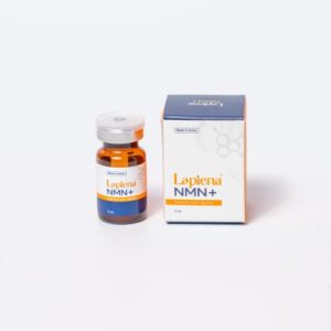 A 5ml amber vial of Lapiena NMN+ with a white cap, alongside its packaging box. The box, labeled "Made in Korea," features the Lapiena NMN+ logo and a molecular structure graphic, indicating its role as a premium anti-aging and cellular health supplement containing Nicotinamide Mononucleotide (NMN) to support energy metabolism and DNA repair.
