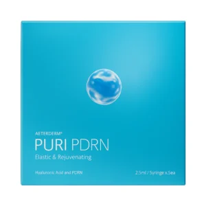 AETERDERM PURI PDRN product box in blue, indicating it is an Elastic & Rejuvenating skin booster containing Hyaluronic Acid and PDRN. The packaging specifies 2.5ml / Syringe x 5ea.