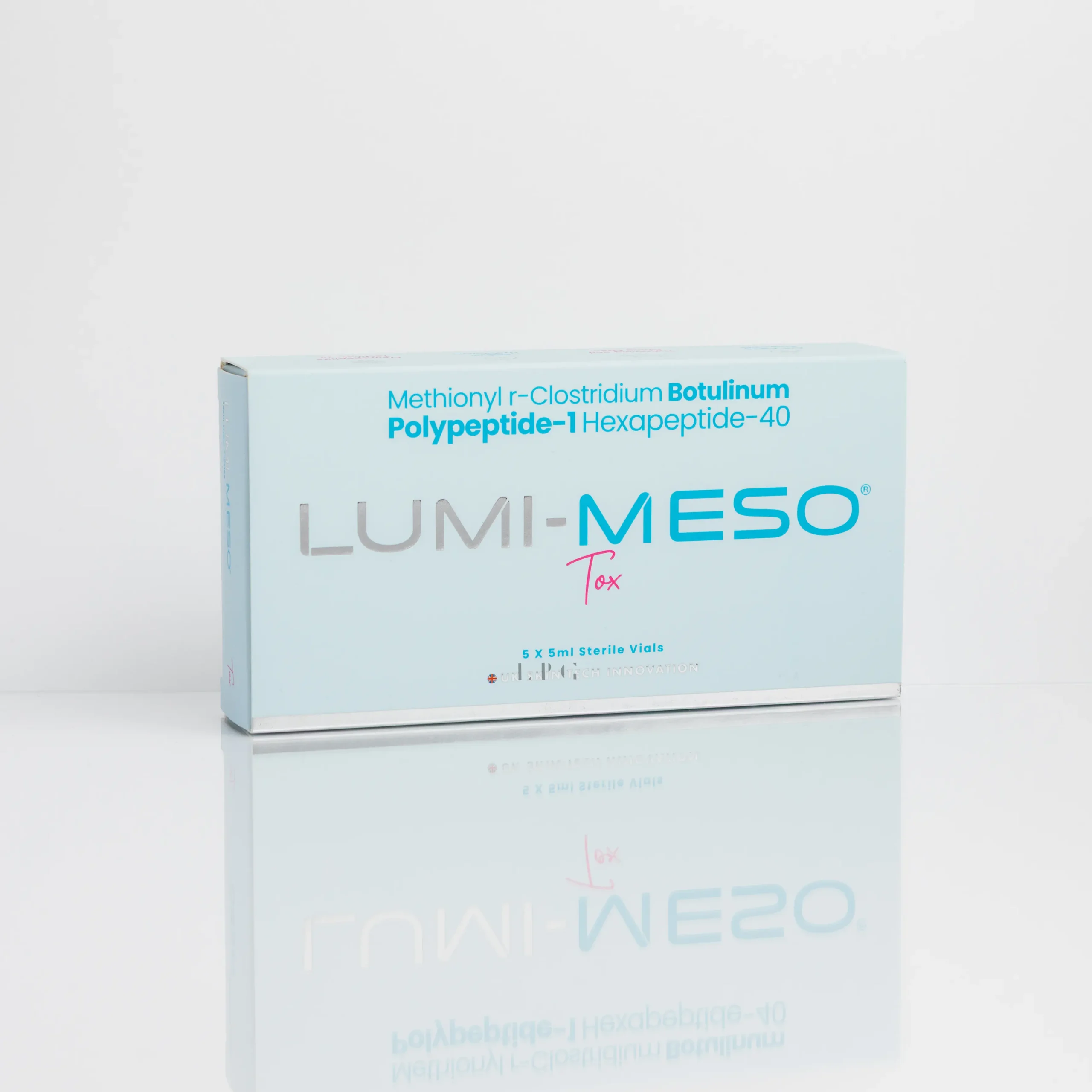 LUMI-MESO box containing five 5ml sterile vials, labeled with ingredient details and brand information.