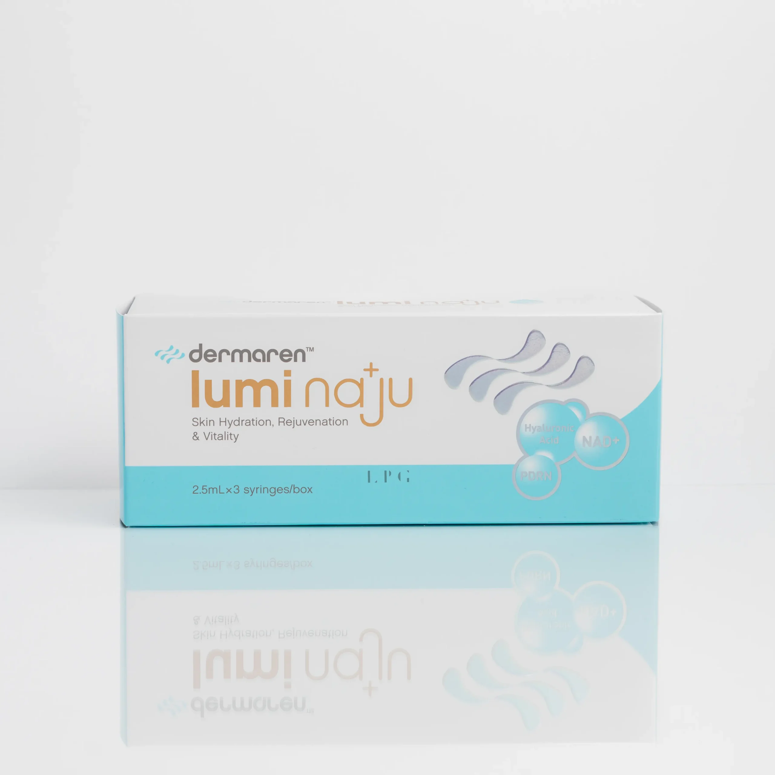 Box of dermaren lumi naju with text detailing skin hydration, rejuvenation, and vitality; contains three syringes.
