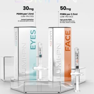 Promotional image for LUMI-PN polynucleotide skincare products, featuring two variants: LUMI-PN EYES (30mg PDRN per 1.5ml) in a teal box for instant hydration and reducing dark circles, and LUMI-PN FACE (50mg PDRN per 2.5ml) in an orange box for high-grade PDRN to improve skin tone on face, neck, and hands. Both include pre-filled syringes displayed on a reflective surface. Text at the bottom reads: "The UK's highest strength polynucleotide for the eyes and face." A search icon is in the top right corner.