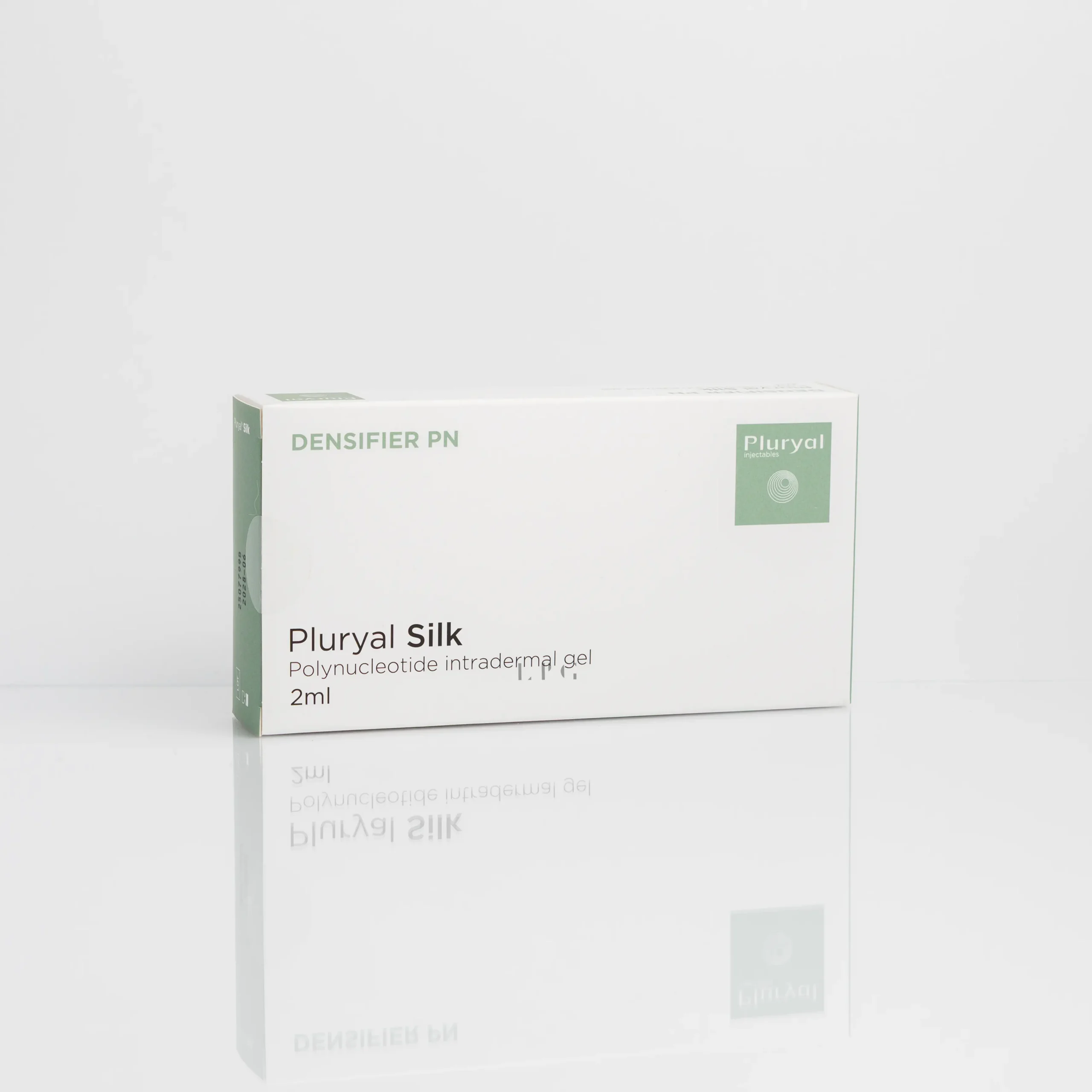 Pluryal Silk box labeled "Polynucleotide intradermal gel 2ml" with a green logo on a reflective surface.