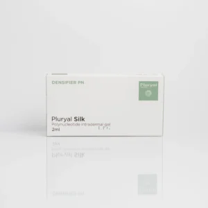 Pluryal Silk box labeled "Polynucleotide intradermal gel 2ml" with a green logo on a reflective surface.