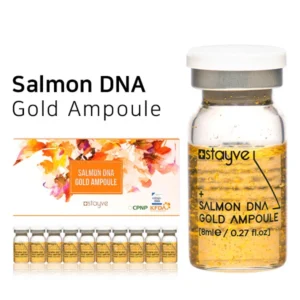 Stayve Salmon DNA Gold Ampoule 8ml glass vial with gold liquid and flakes, white cap, shown with colorful product box and row of 10 ampoules on white background