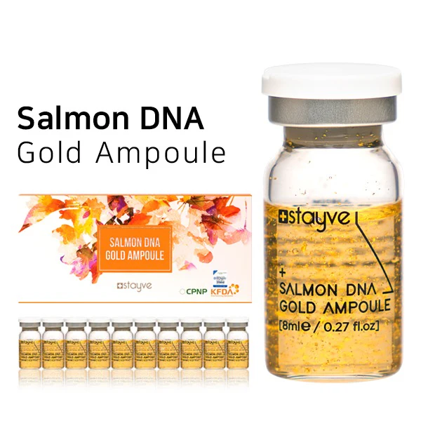 Stayve Salmon DNA Gold Ampoule 8ml glass vial with gold liquid and flakes, white cap, shown with colorful product box and row of 10 ampoules on white background