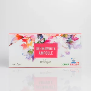 Dermawhite ampoule box with floral design, featuring text and logos, placed on a reflective surface.