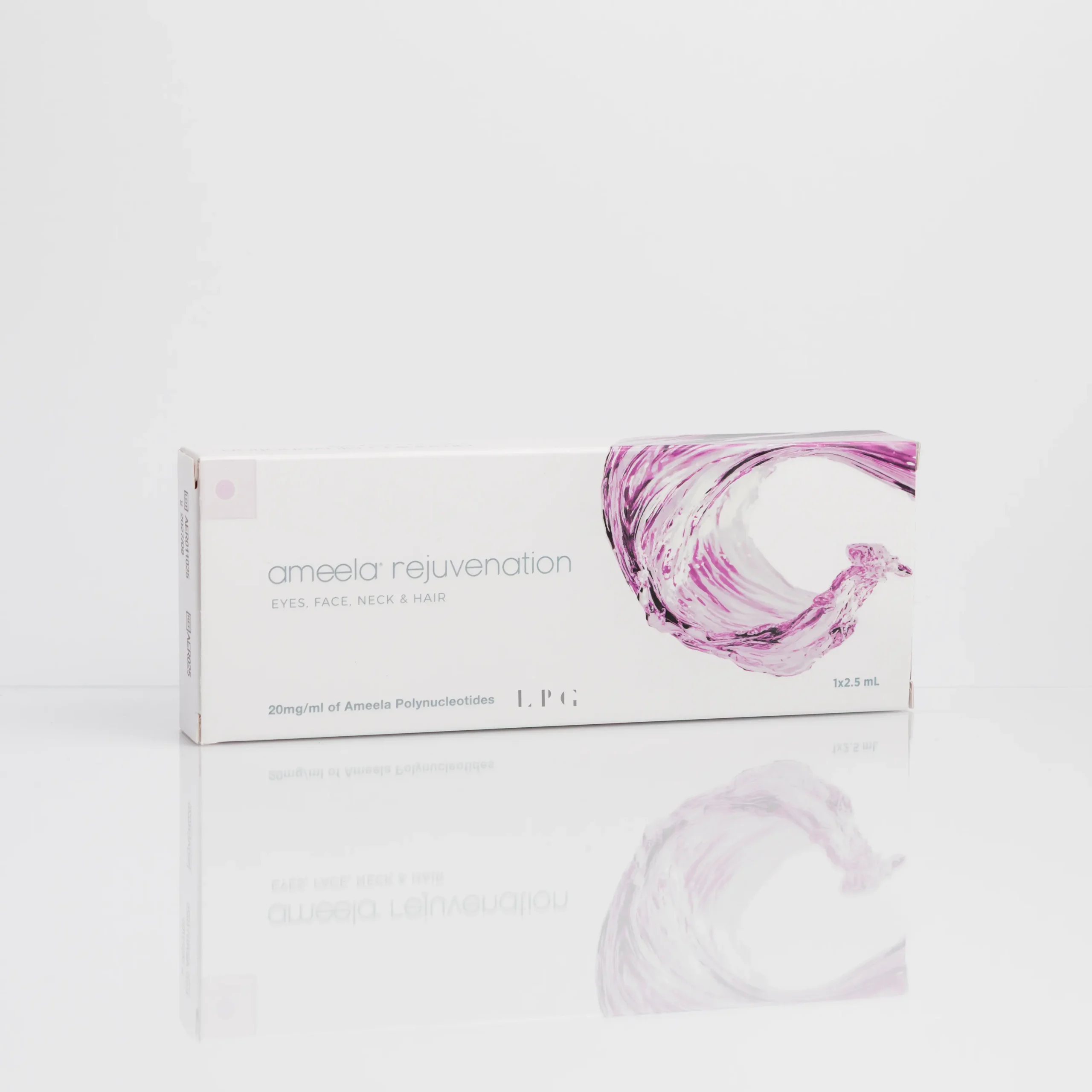 Box packaging for Ameela Rejuvenation Polymerised Polynucleotide-Based Gel aesthetic treatment, featuring a purple water splash graphic and labeled 1x2mL.