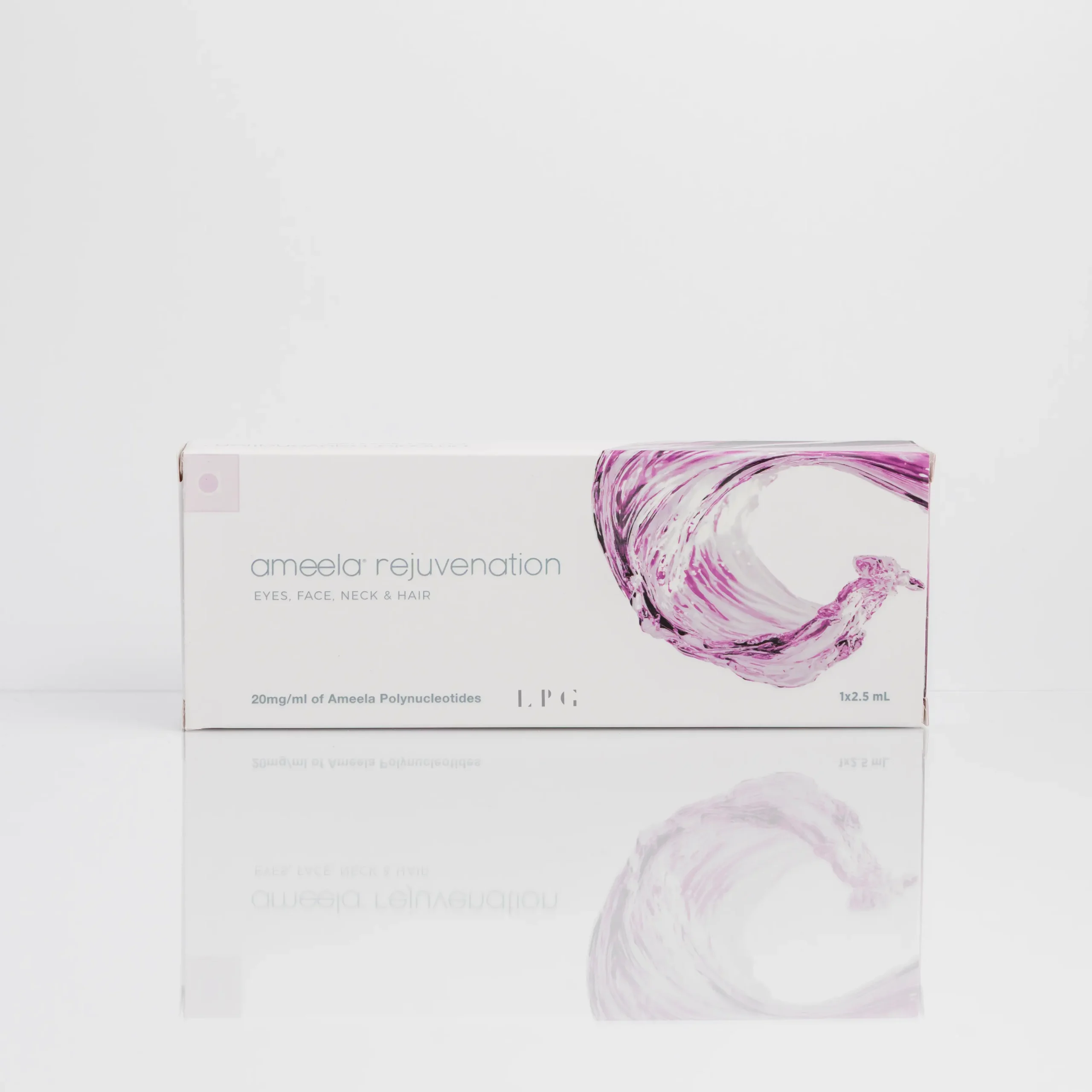 Box packaging for Ameela Rejuvenation Polymerised Polynucleotide-Based Gel aesthetic treatment, featuring a purple water splash graphic and labeled 1x2mL.