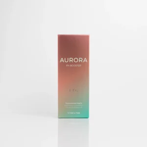 AURORA PN BOOSTER skincare product box with pink gradient design and visible text on usage and ingredients.