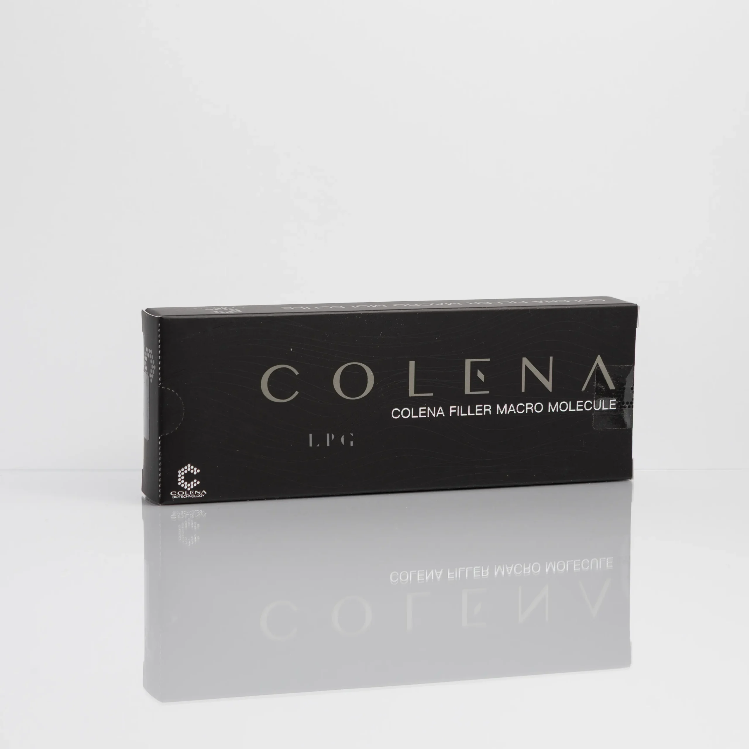 Black box labeled "COLENA" with "COLENA FILLER MACRO MOLECULE" text on a reflective surface.