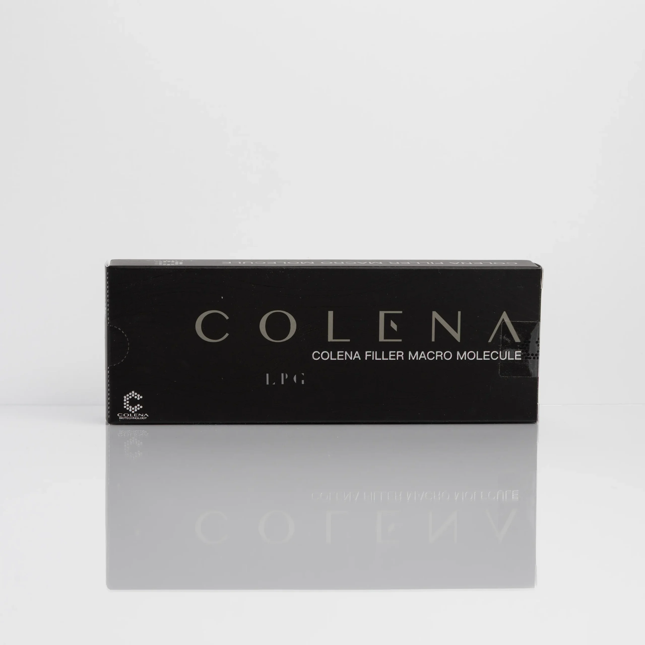 Black box labeled "COLENA" with "COLENA FILLER MACRO MOLECULE" text on a reflective surface.